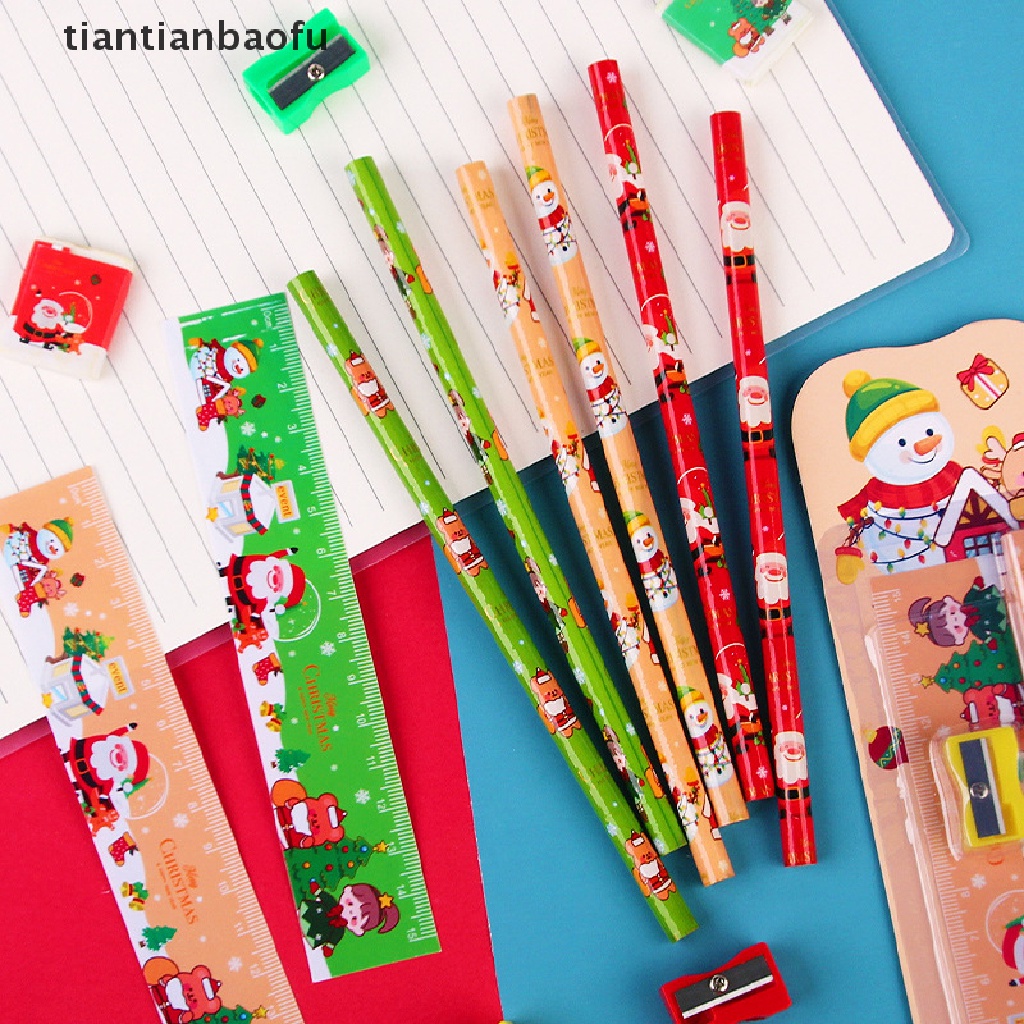 [tiantianbaofu] 5pcs /Set Lucu Kartun Stationery Set Natal Stationery Set Pensil Pengasah Penghapus Penggaris Set Hadiah Alat Tulis Siswa Hadiah Hari Anak Butik