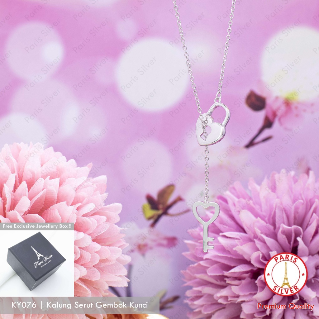 Kalung Serut Liontin Gembok Kunci Hati Perak Silver 925 Lapis Emas Putih Heart Key Lock Necklace