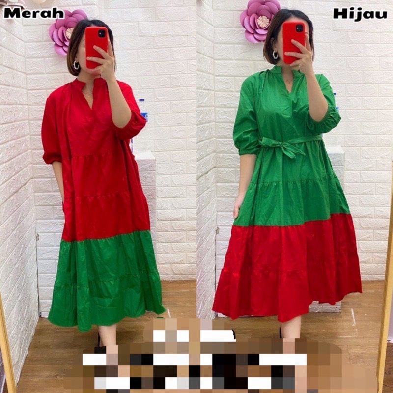 Pony Katun Dress - Dress Gaun Wanita Imlek Merah Hijau Botol