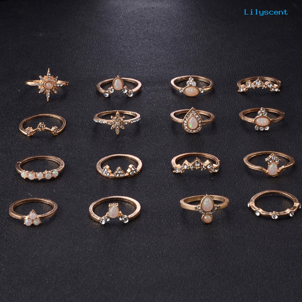 [LS]16Pcs /Set Mahkota Bentuk Berlian Imitasi Knuckle Rings Alloy Bohemia Stackable Finger Rings Perhiasan Aksesori