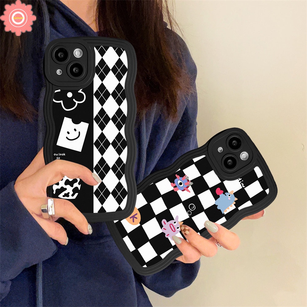 Case Compatible For iPhone 6 6s 8 7 Plus 11 14 13 12 Pro Max 14Plus XR X XS Max SE 2020 Wavy Edge Diamond Grid Chessboard Cartoon Little Monster Soft TPU Cover