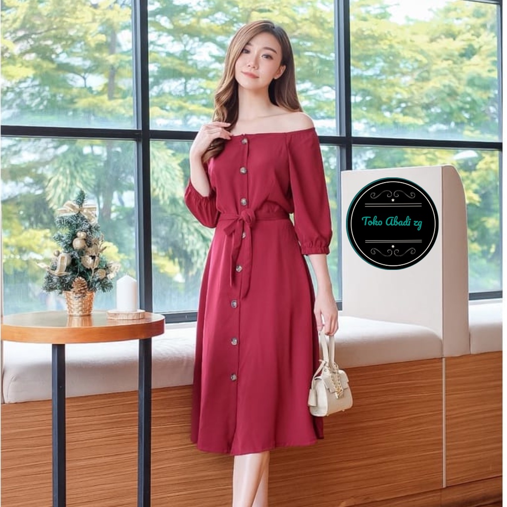 Gamis Midi 3/4 Polos Kancing Depan Busui fredli Tali Samping Bahan Moscrepe Atasan Wanita Drees Andin Polos Full Kancing