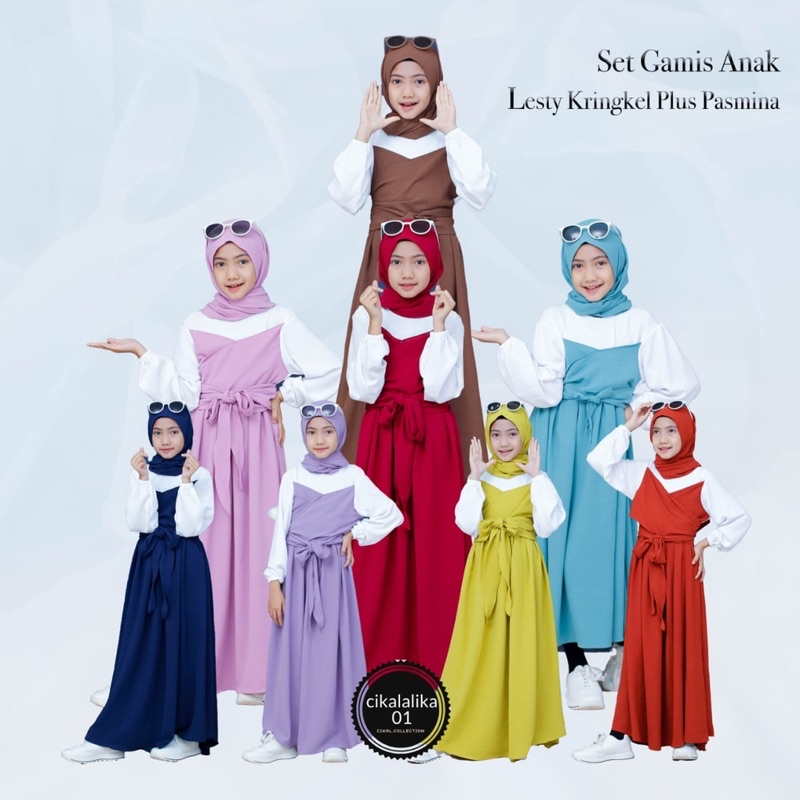 set gamis anak LESTY POLOS KRINGKEL pasmina