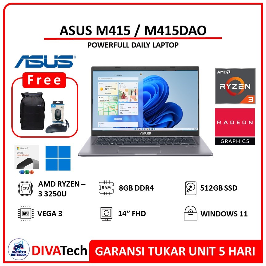 Asus Vivobook M415/M415DAO Ryzen 3 3250U 8GB 512GB VEGA3 14.0FHD W11 | Laptop Asus