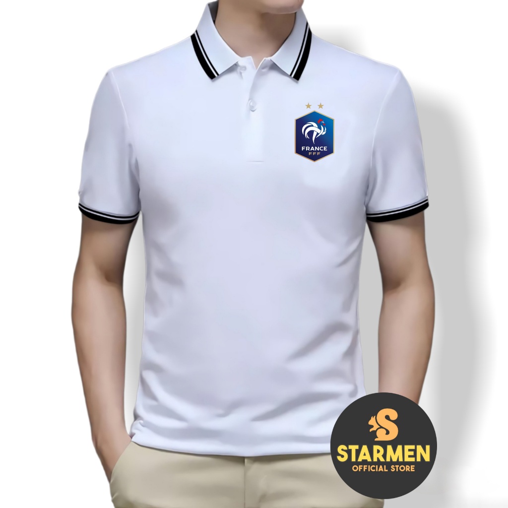 Kaos Polo Shirt Pria Kerah List Putih logo FRANCE