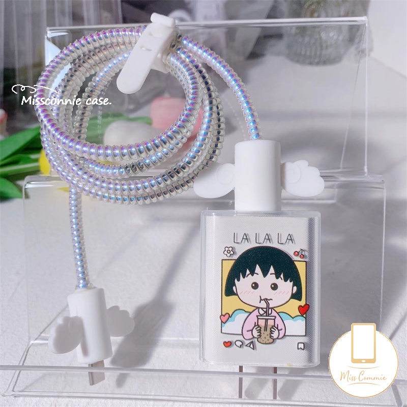 5in1 Kartun Shin-chan Chibi Maruko Cute Winnie Charger Plug Cover Kabel USB Spring Line Wrap Pelindung Kabel Data Line Cord Organize Winding Wire Tie Soft TPU Cover Untuk Android Type-C