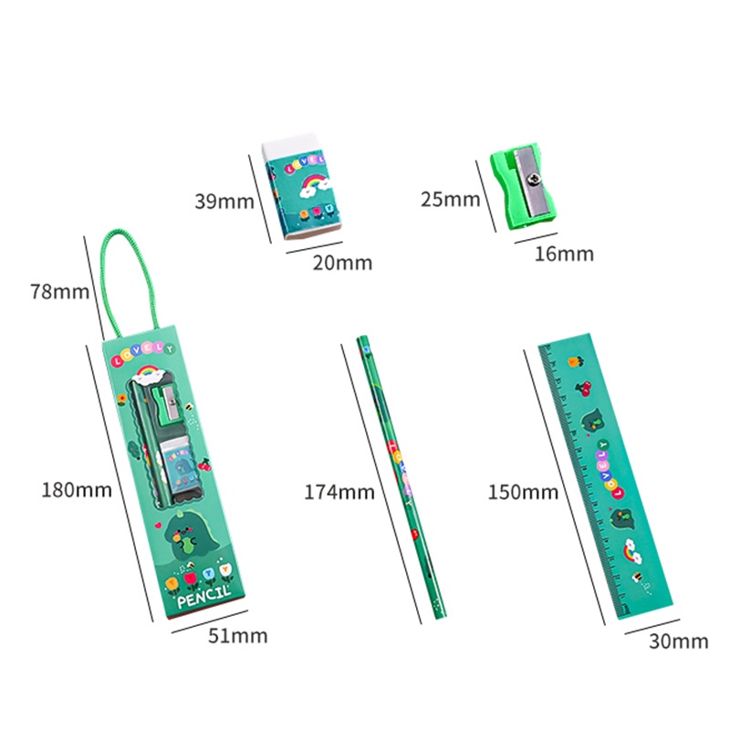 5pcs Kotak Indah Kartun Pensil &amp; Eraser &amp; Sharpener &amp; Ruler Set Siswa Set Alat Tulis Portable