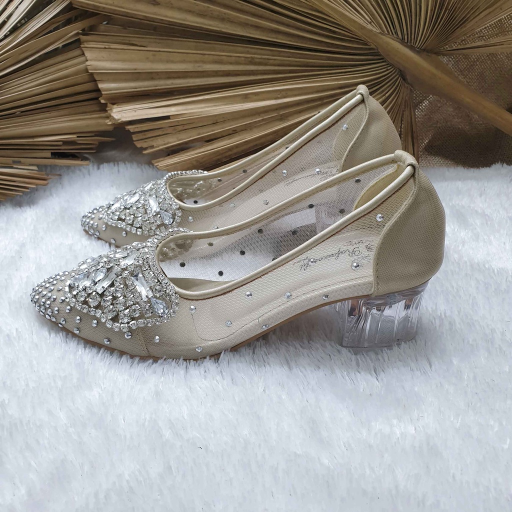 Sepatu wedding pesta cantik Azalea cream hak 5cm kaca