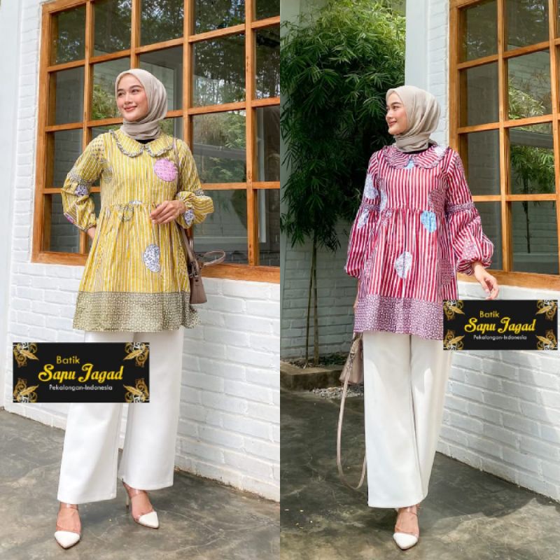 atasan batik wanita modern blouse kerja wanita lurik salur lengan balon by BatikSapuJagad