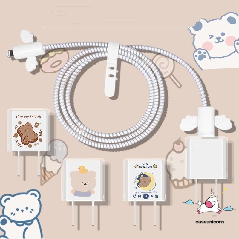 Casing Kompatibel Untuk Apple 18 /20W Adaptor Charger Case Kabel USB Spring Line Wrap Protector Data Line Cord Atur Lilitan Kawat Ikat Pola Kartun Lucu Lembut TPU Cover
