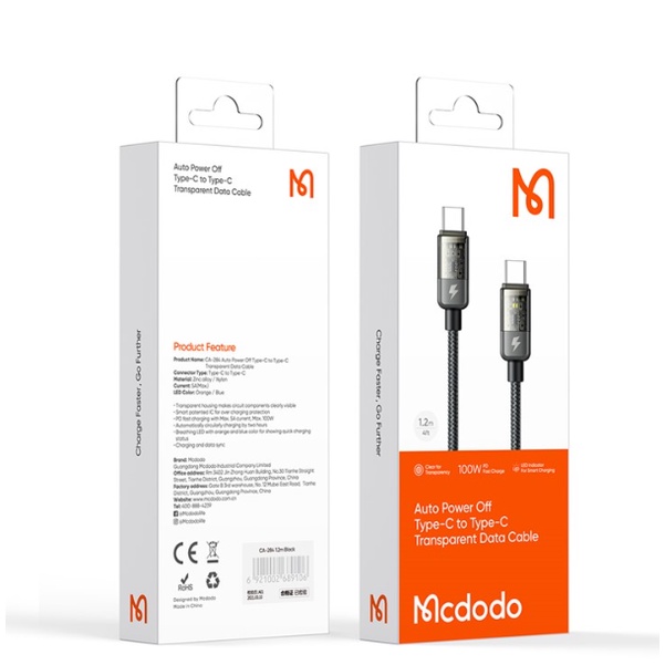 MCDODO CA2840 Cable Type C PD 100W Auto Off Quick Charge Fast Android