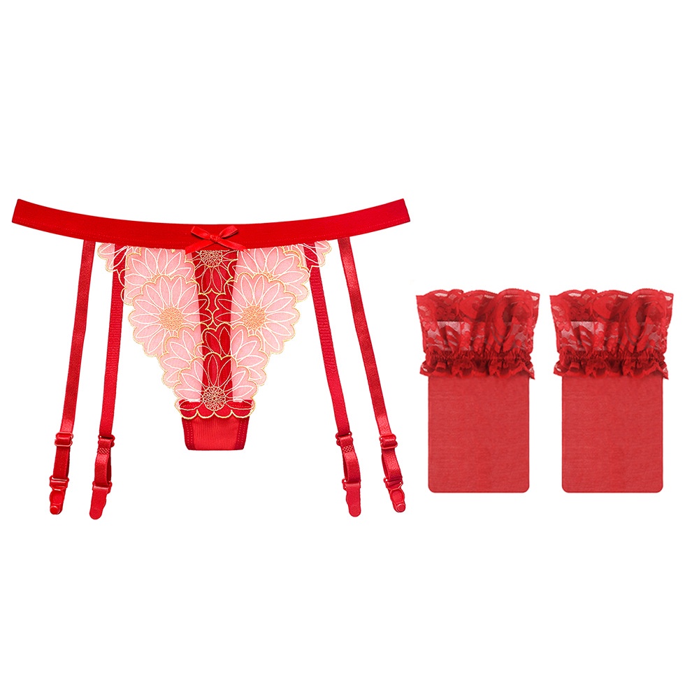 Lingerie Sexy Set Garter Belt Bordir Bungga G String Renda Lingerie Wanita T09