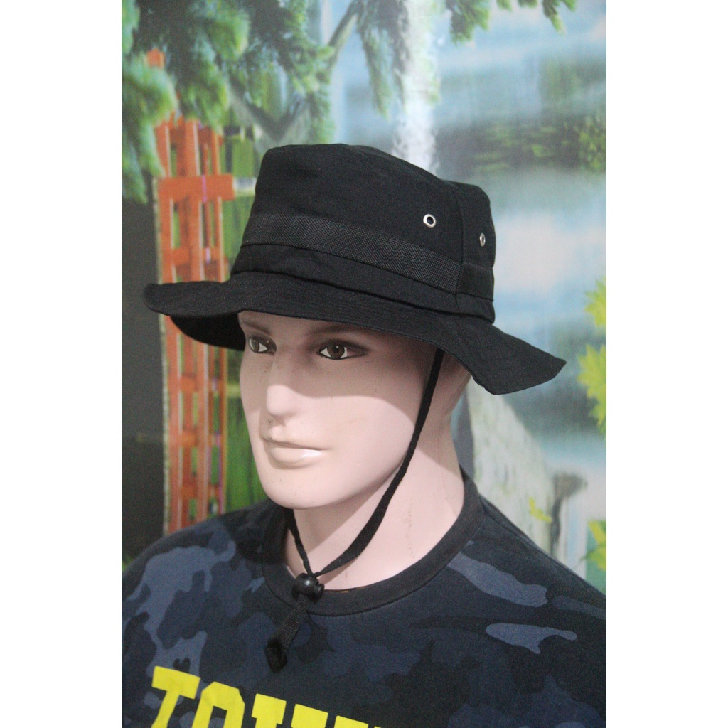 TOPI RIMBA TOPI GUNUNG TOPI HUTAN BUCKET OUTDOR PENDAKI GUNUNG (HITAM)