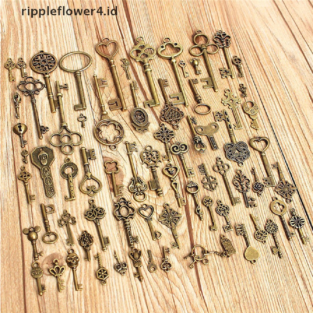 {rippleflower4.id} Set Isi 70pcs Kunci Kerangka Perunggu Antik Vintage Old Look Fancy Heart Bow Pendant~