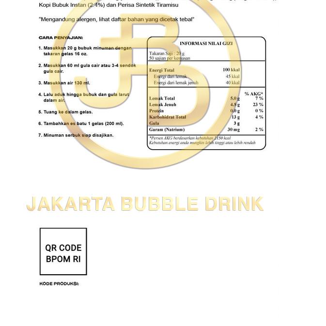 

8.8 Bubuk Minuman TIRAMISU Powder 1 KG - Jakarta Bubble Drink | HALAL