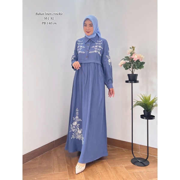 Zaja - Baju Gamis Perempuan Dewasa Polos Dress Muslim Linen Cringkle Bordir Cantik &amp; Anggun Fashion Muslim Perempuan Terbaru Pakaian Muslim Cewek Mewah