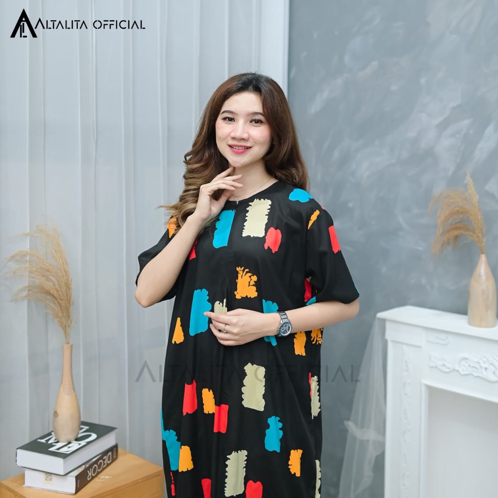 Altalita - Daster Panjang Busui Lengan Tangan Pendek Panjang Semata Kaki Bahan Rayon Premium Motif Kekinian Jumbo LD 120 Terbaru