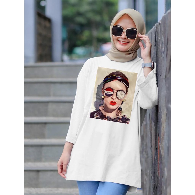 KAOS OVERSIZE TOP HIJAB WANITA BASIC DTF CEWEK BANDO / OVERSIZE SLIT BLOUSE GAMBAR DTF / DIGITAL PRINT