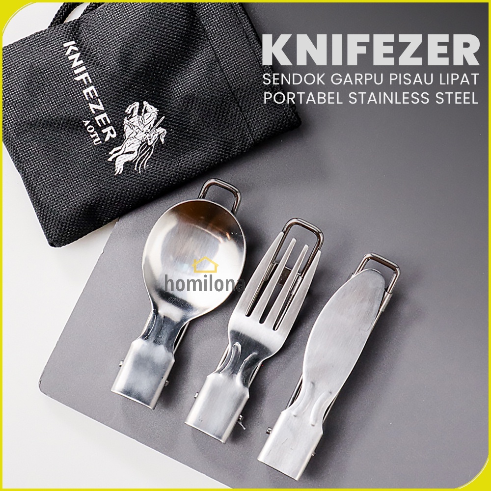 KNIFEZER Sendok Garpu Pisau Lipat Portabel Stainless Steel AOTU Silver