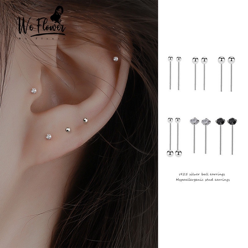 We Flower Hypoallergenic s925 Silver Manik-Manik Kristal Kecil Stud Earrings Untuk Wanita Perempuan Korea Piercing Ear Bone Screw Earring Pakaian Sehari-Hari Perhiasan Telinga