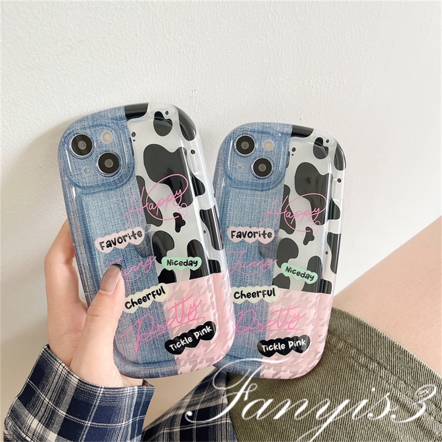 Compatible For IPhone 14 13 12 11 Pro Max X XR Xs Max 8 7 Plus SE 2020 Kompatibel Untuk Denim Cow Milk Phone Case Bening TPU Lembut Cover Pelindung