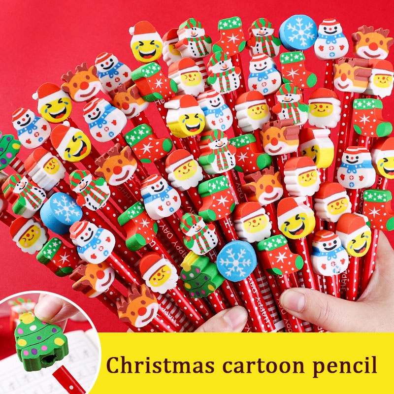 20pcs Kartun Natal Pensil Karet Kombinasi Tulisan Dan Lukisan Anak Pencil Christmas Gift