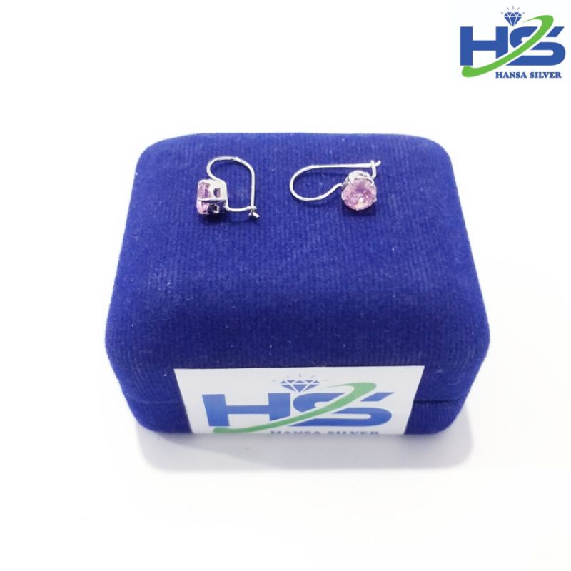Anting Perak Wanita Asli Silver 925 Lapis Emas Putih Model Desi Batu Pink 1Gram - Anting Wanita Anti Karat