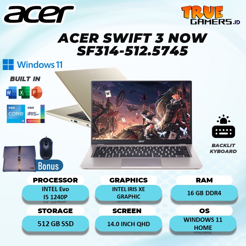 LAPTOP ACER SWIFT 3 SF314 EVO I5 1240P RAM 16GB 512GB SSA GARANSI RESMI