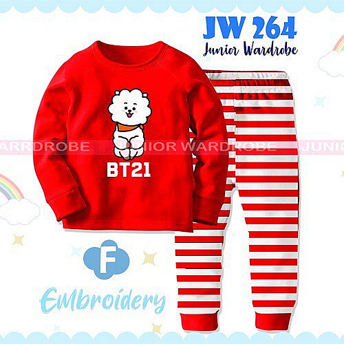 Baju Tidur Anak Perempuan BT21 Warna Merah Piyama Anak Lengan Panjang