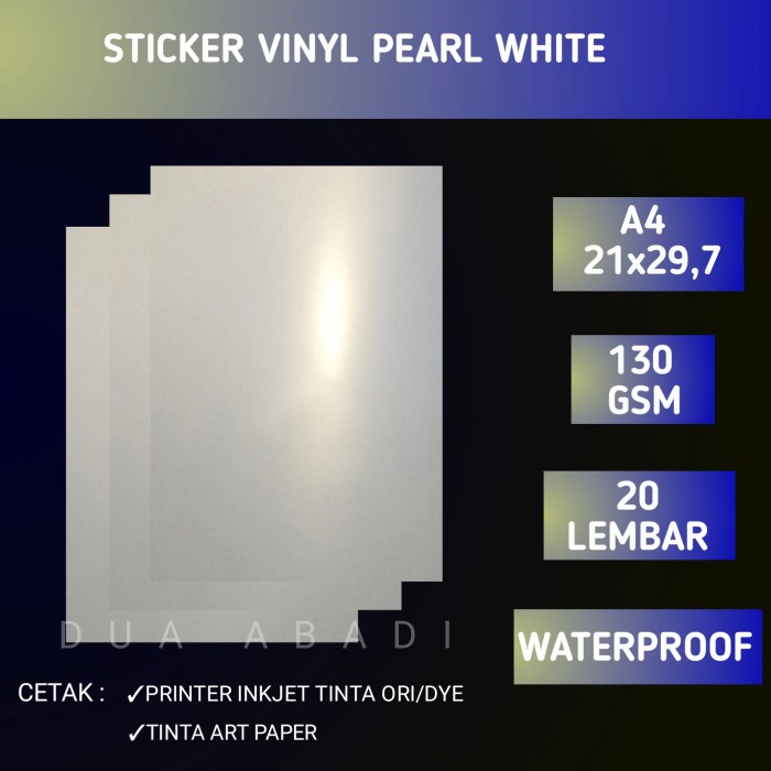 

Stiker Sticker Vinyl Inkjet Pearl White A4 Isi 20 Lembar Waterproof/Stikerpet