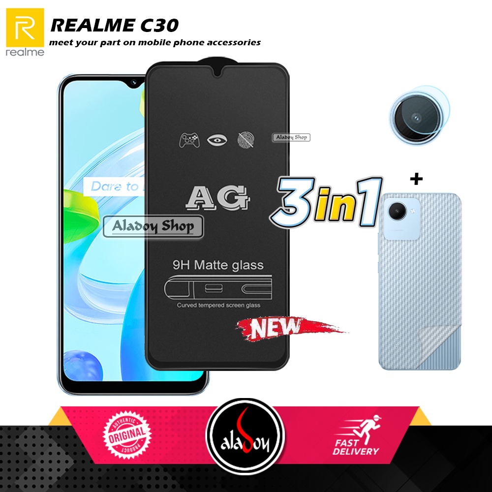 Paket 3IN1 Tempered Glass Layar Matte Anti Glare Realme C30 Free Tempered Glass Camera dan Skin Carbon