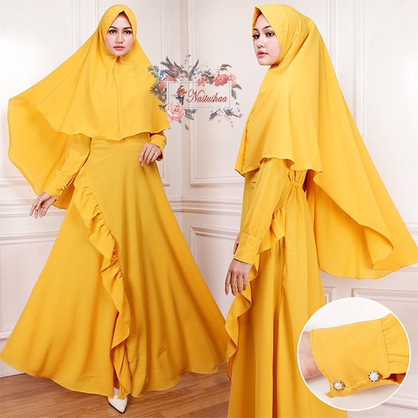 Gamis Modern Rempel Depan Set Khimar - Dress Pesta Syar'i Kekinian Model Payung - Set Gamis Syari Bergo Peach Diamond Polos Lengan Kancing