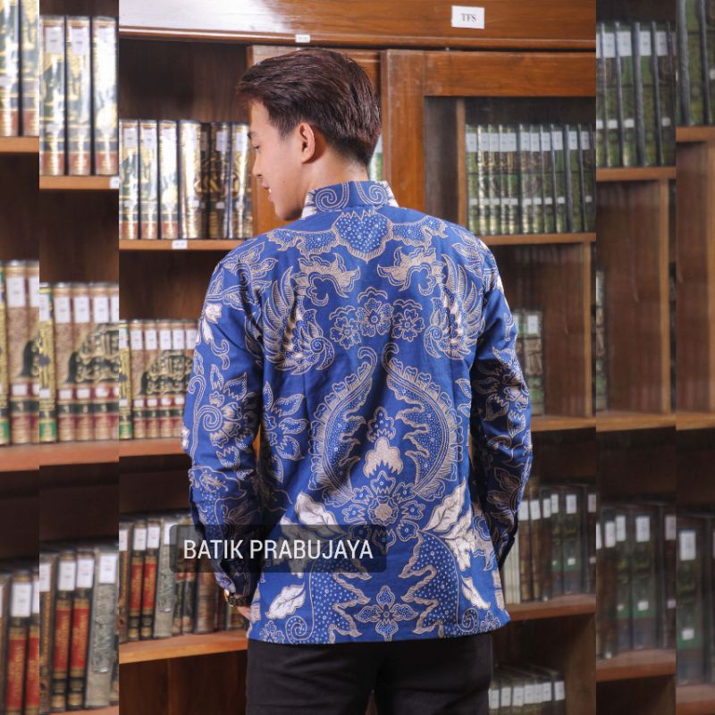 MAHKOTA NAVY Kemeja Batik Pria Cowok Modern Lengan Panjang Full Furing - Baju Hem Batik Pria Solo Biru Navy