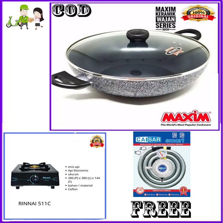 NEW MAXIM CERAMIC WOK 30 CM + TUTUP KACA + KOMPOR RI 511C 1TK + FREEE SLANG REGULATOR BERGARANSI RESMI
