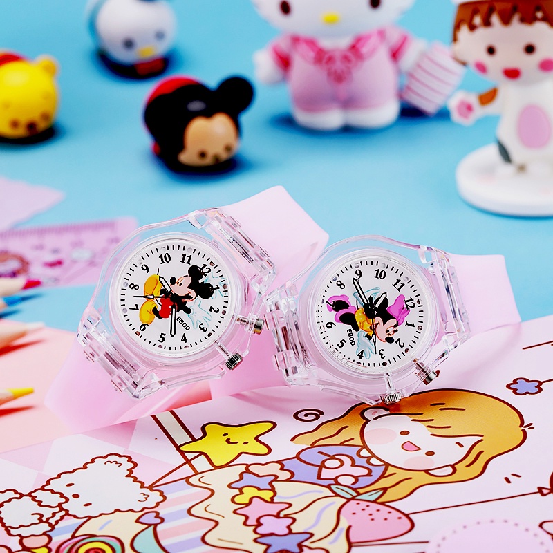 Jam Tangan Anak-anak Disney series Jam tangan anak perempuan Minnie &amp;Mickey Glowing Melody Kartun Mahasiswa Kulomi Balita Bayi Warna-warni Berkedip  Jam Tangan Elektronik