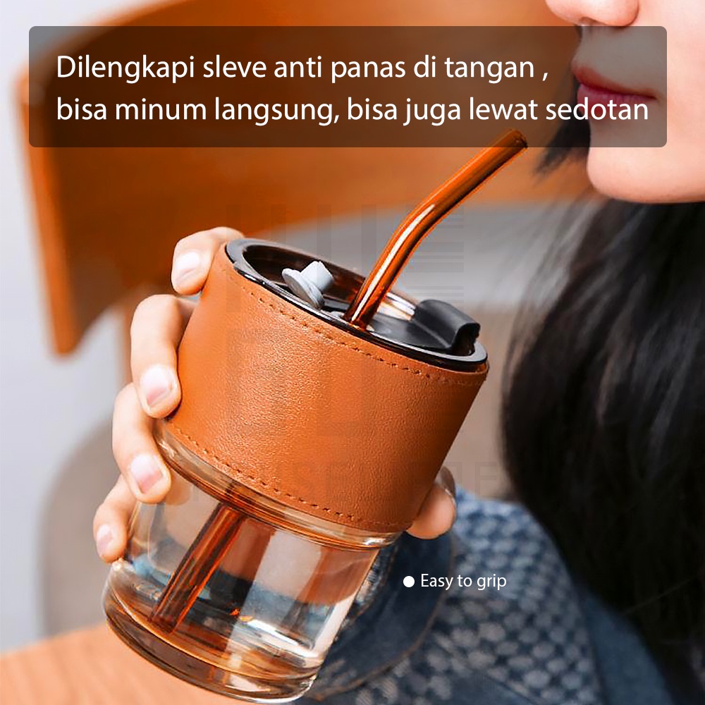 HUGO Tumbler Kaca 400 ml Gelas Minum Kaca Bening Aesthetic Coffee Cup Anti Tumpah