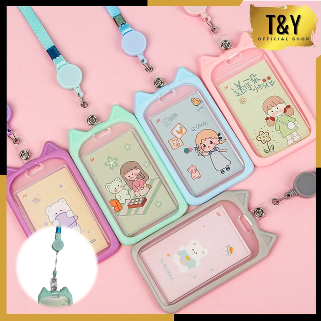 T&amp;Y Name Tag Lanyard Gantungan Kartu Karakter Kucing Lucu Akses MRT Busway E-Money Flazz BRIzi Bentuk Motif Warna Pastel Lanyart Card Holder Id Card