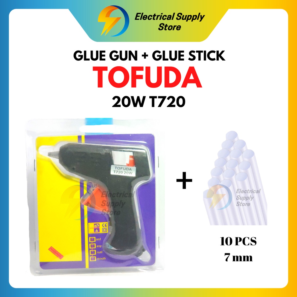 PAKET GLUE GUN / LEM TEMBAK 20W T720 TOFUDA &amp; REFILL GLUE GUN STICK PANJANG 27 CM DIAMETER 7 MM