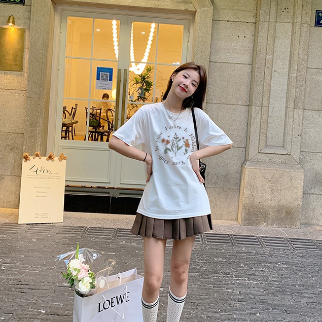 [3 Warna]Print T-shirt Kaos Lengan Pendek Cartoon Garland Atasan Wanita Korean Style