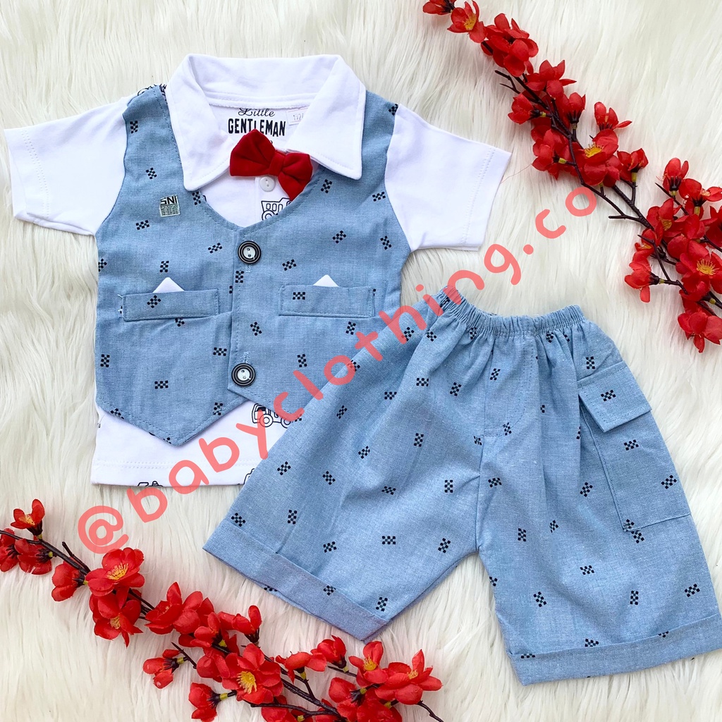 Baju setelan kemeja rompi celana motif pergi lucu bestseller fashion anak bayi laki cowok murah -zeb