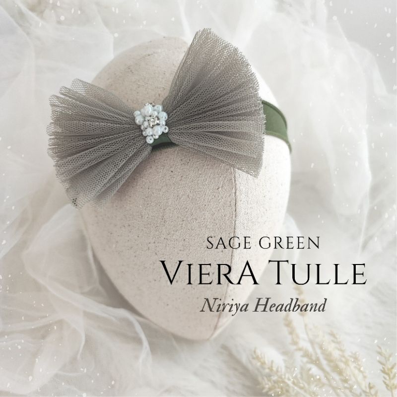 Sage Green Viera Tulle Tile Headband Bayi | Bandana Hijau Tile Pearl Muatiara | Bando Jepit Anak