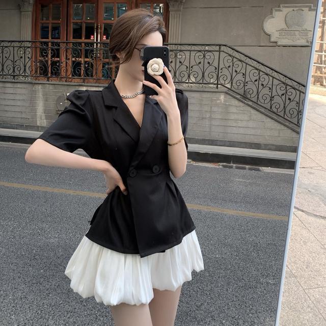 Suhao Jas Hitam Jaket Wanita Bagian Tipis One-Piece Temperamen Gaya Korea Pinggang Kasual Jaring Merah Goreng Jalan jas Pasang