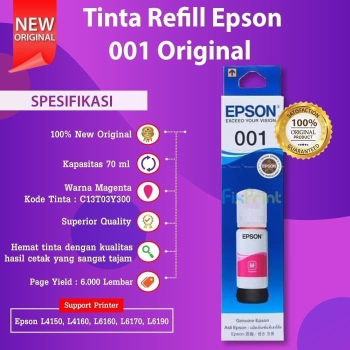 Tinta Refill Epson Original 001 70ml Black Cyan Magenta Yellow Tinta Refill Printer Epson L4150 L4160 L6160 L6170 L6190 L6290 L4266 L14150