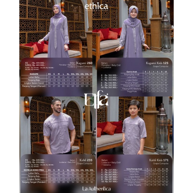 Ethica Elfa 261 Grape Compote Kagumi 260 Kahfi 235 Kagumi Kids 125 Kahfi Kids 171 Baju Muslim Gamis Sarimbit Keluarga Family Series Lebaran Terbaru Ori