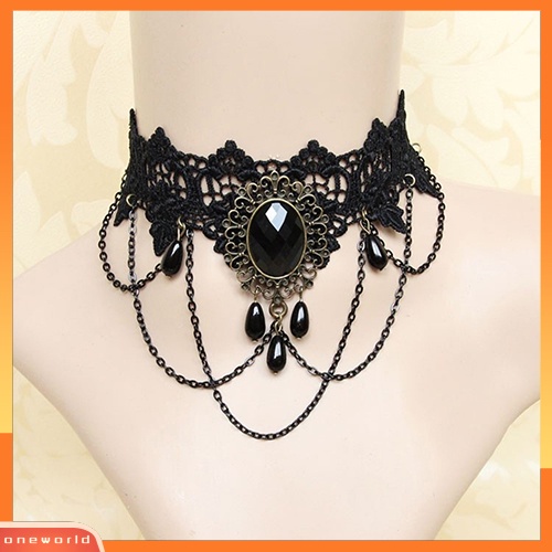 [WONE] Wanita Retro Gothic Hitam Chokers Renda Hollow Rantai Kerah Fashion Kalung