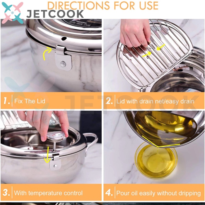 JetCook Panci Rebus Penggorengan Deep Fryer Pot Serbaguna Stainless Steel SUS304 dengan Termometer