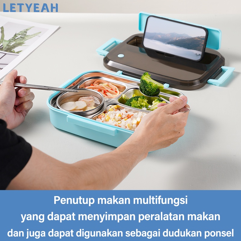 letyeah 1300ml Kotak makan 4 sekat anti tumpah /Lunch box stainless dengan mangkuk sup