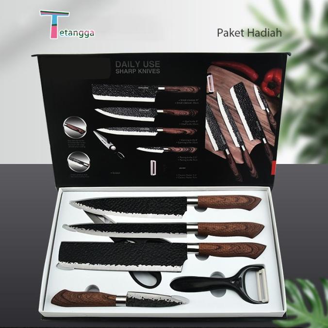 6 Pcs Knife Set Pisau Dapur Black Marble Knife Set Knife Diamond Set