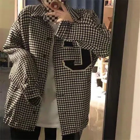 Tipis Houndstooth Gaya Klasik Bisbol Seragam Jaket Longgar Gaya Preppy High Street Jaket