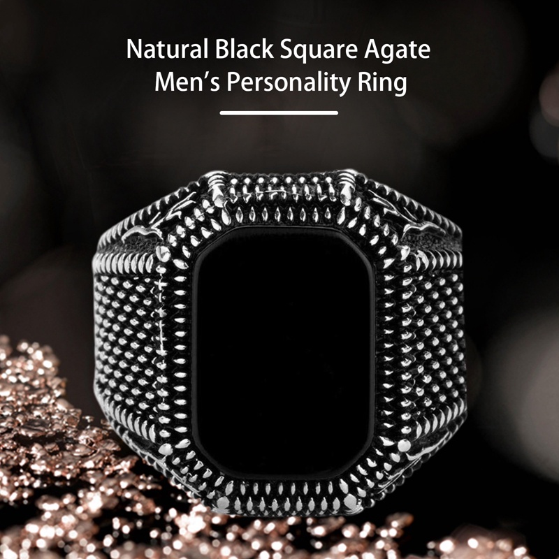 Vintage Fashion Pria Natural Hitam Safir Batu Permata Cincin Birthstone Pertunangan Pernikahan Cincin Anniversary Pria Hadiah Natal